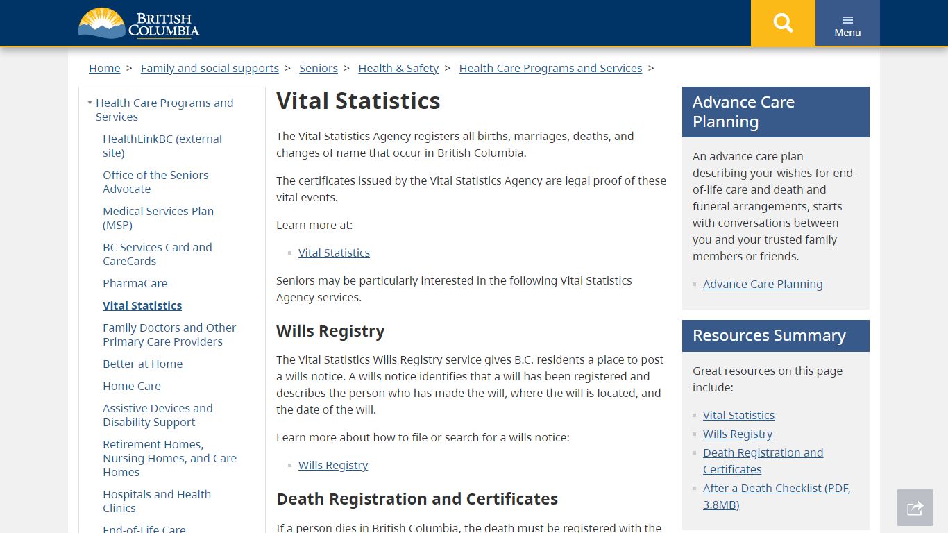 Vital Statistics - Province of British Columbia