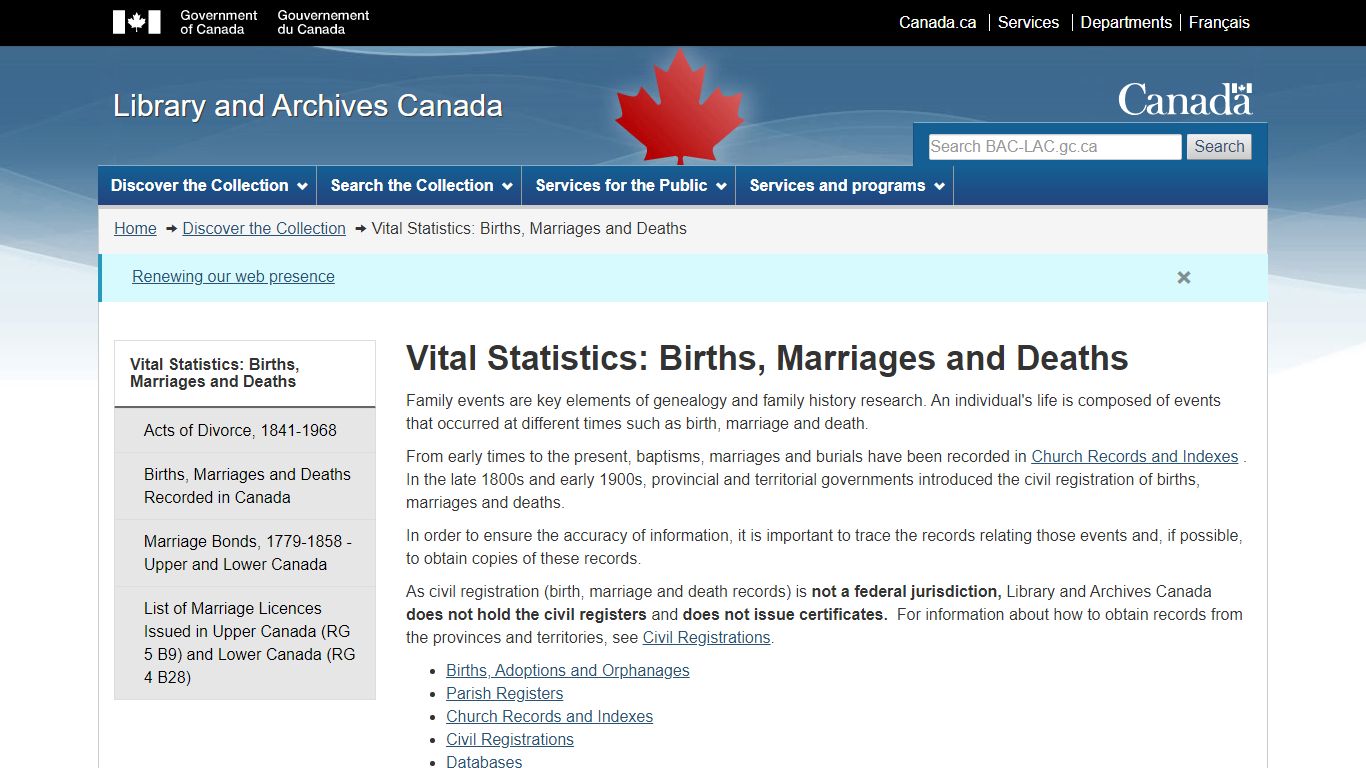 Vital Statistics: Births, Marriages and Deaths